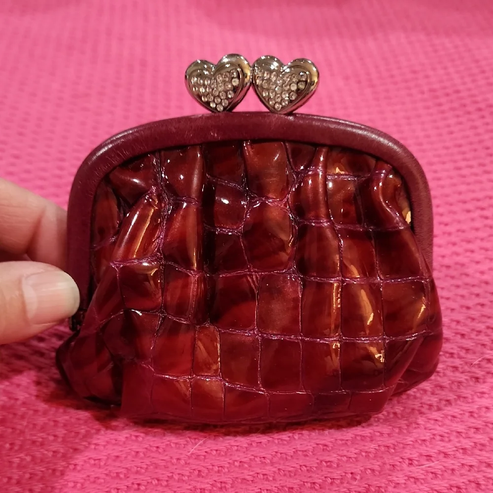 Brighton Crystal Kiss Lock Burgundy Croc Embossed Patent Leather Coin Purse